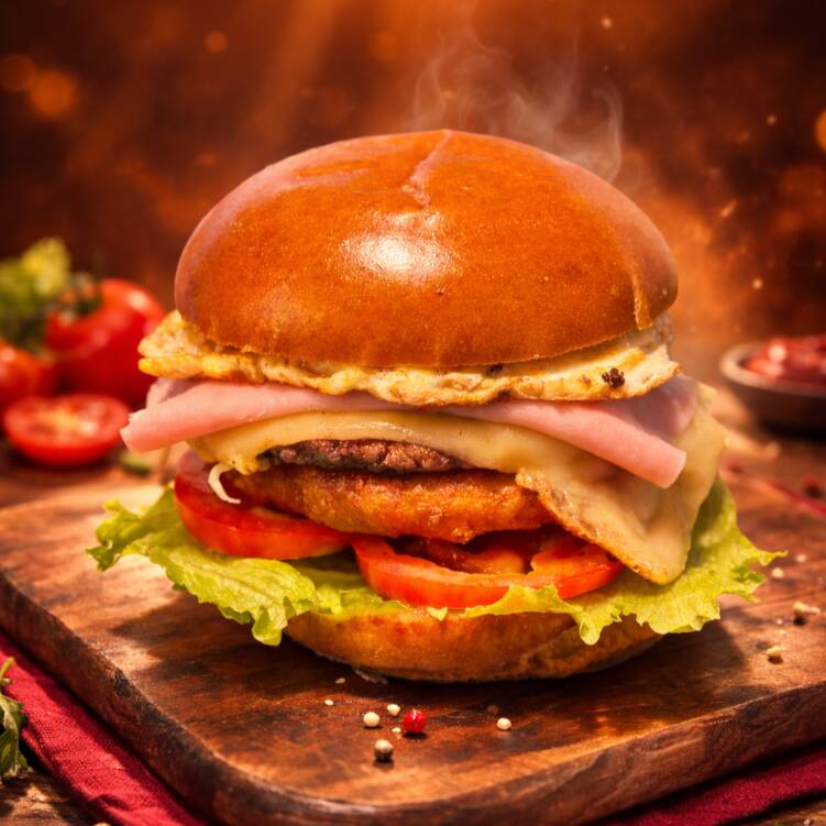 Aquele Burger com tudo: Pão Brioche selado na manteiga, 100g blend bovino, 120g Blend de frango empanado, queijo mussarela derretido, presunto, tomates fininhos, alface americana e ovo.