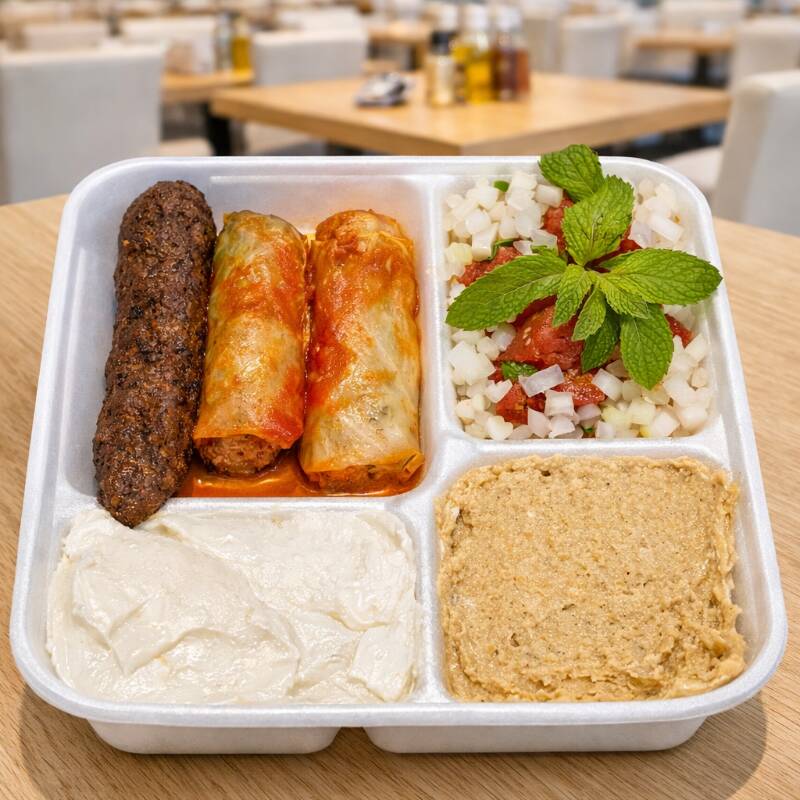 Homus, Coalhada seca, Kibe cru, Charuto de repolho e Kafta no espeto