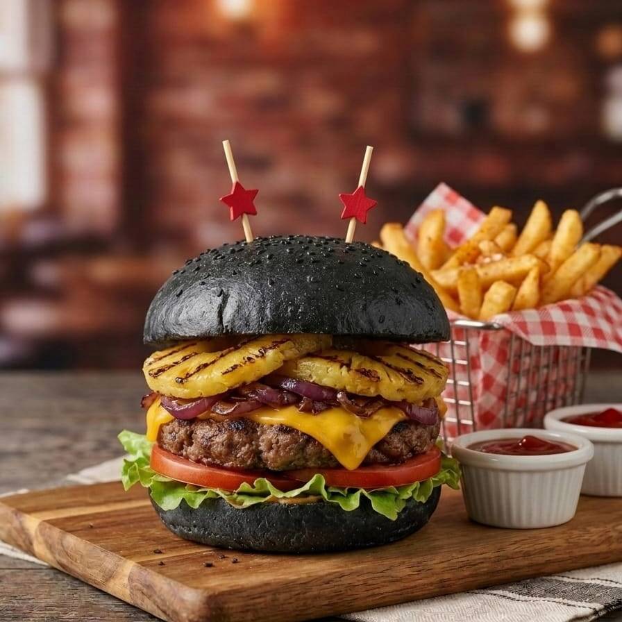 Hamburguesa Hawaiana con papas y refresco