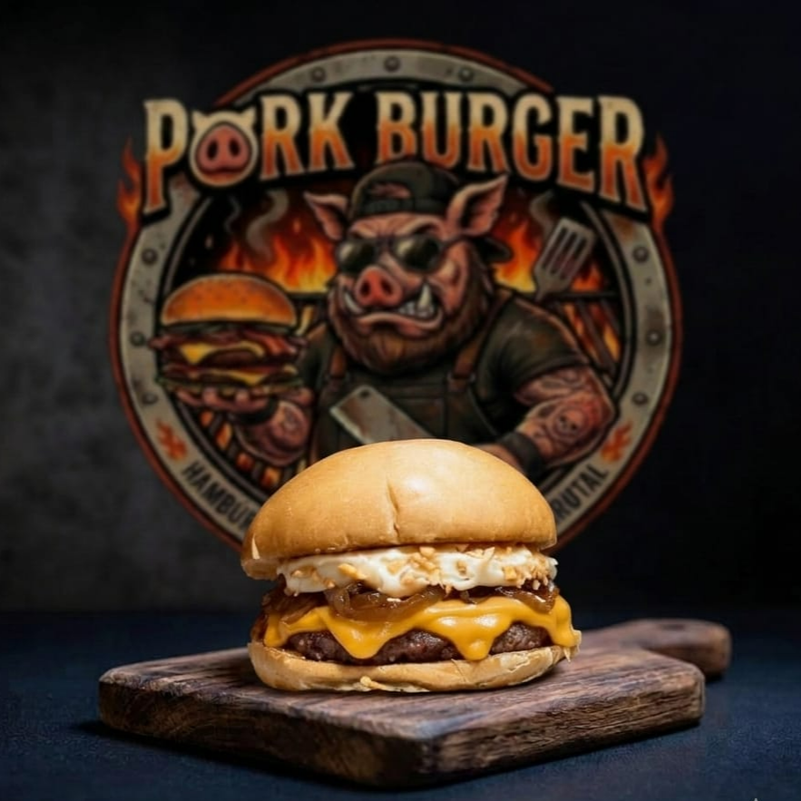 Hambúrguer Angus (Smash 100g - Esmagado na Chapa), coberto por queijo cheddar americano derretido e bastante requeijão cremoso. Vem com cebola caramelizada, alho frito crocante, cebola crua de respeito, mostarda e maionese de verdade. Servido no pão levemente selado na chapa.