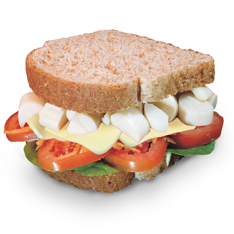 2 fatias de pão integral, queijo mussarela, palmito, cenoura, maionese, tomate e rúcula