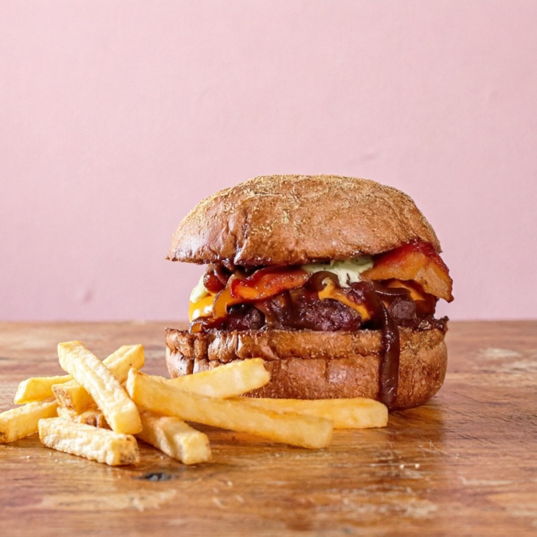Burguer bovino de aproximadamente 150g, blend da casa, queijo cheddar, bacon, cebola caramelizada, molho de ervas no pão australiano.