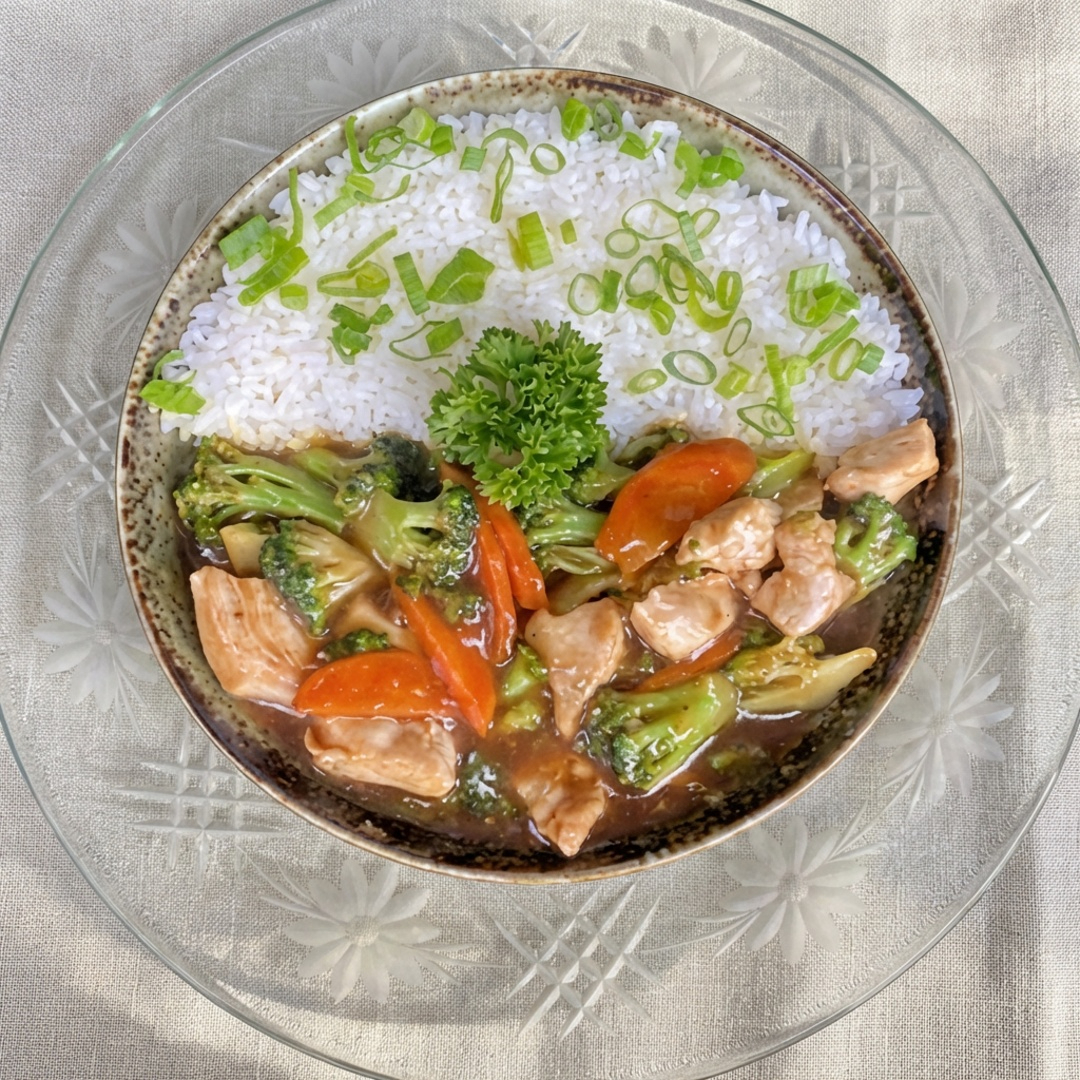 Frango ao molho especial e legumes brócolis e cenoura.