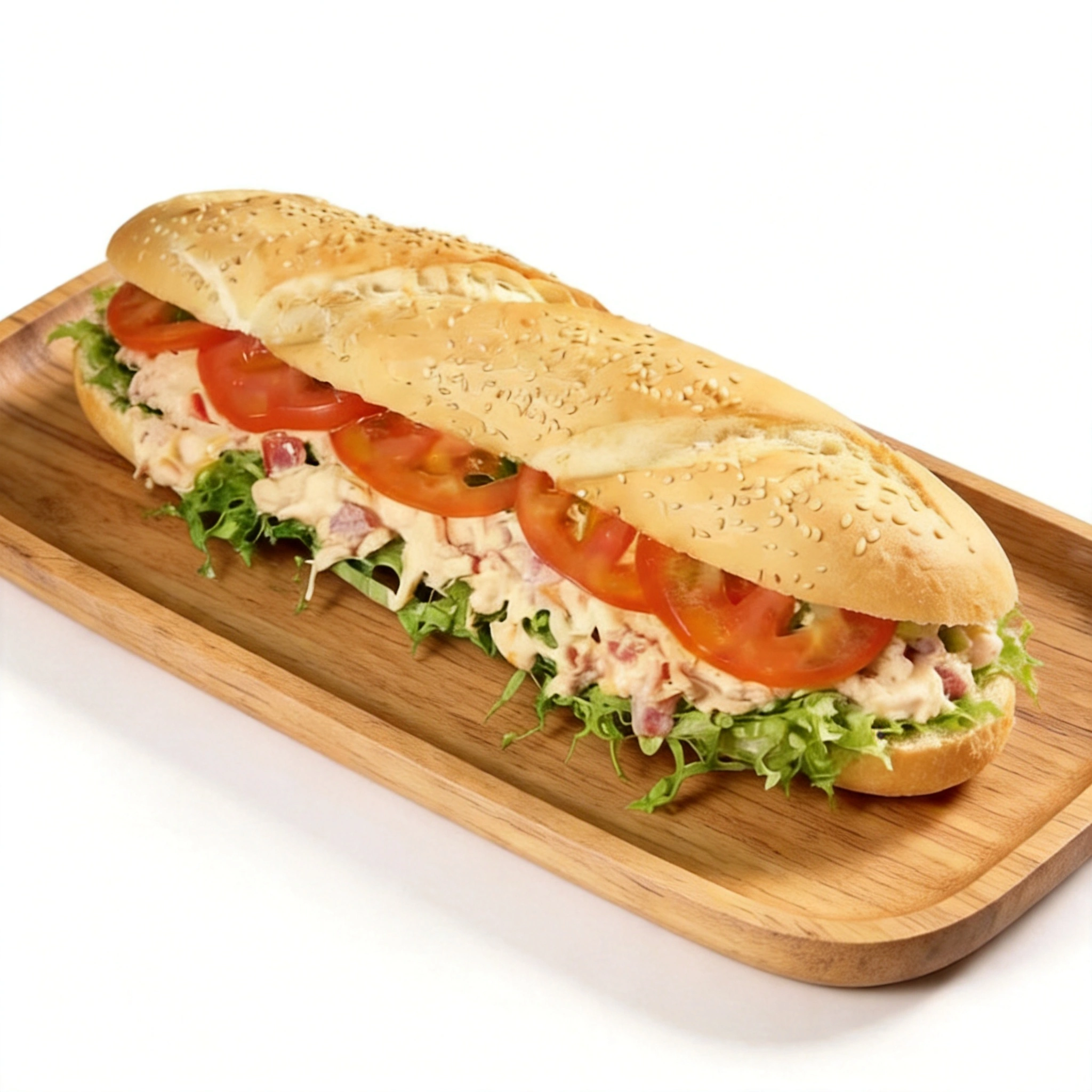 Pão baguete 15cm, 70 gramas de frango desfiado ,salada e molho especial.