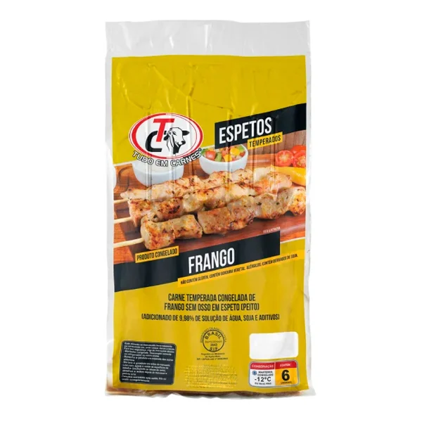 Contém 6 espetos de carne de frango temperada e congelada.