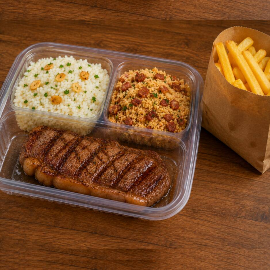 Delicioso corte de contra-filet (+/-150g) grelhado com nosso mix de temperos, servido com arroz, farofa de bacon e batata frita.