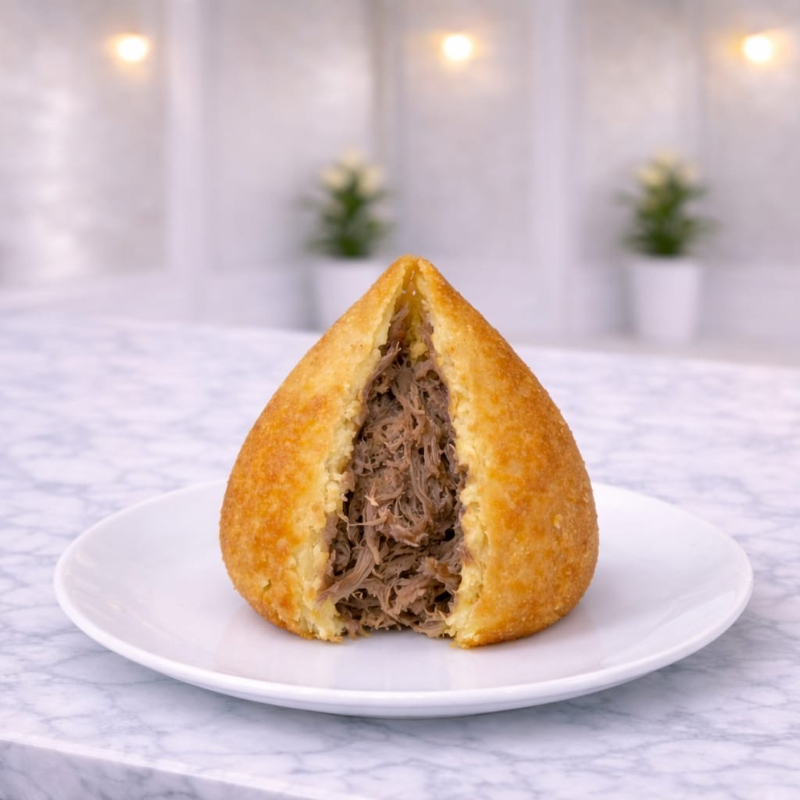 Uma coxinha de costela de 210 gramas, generosa e irresistível. Com uma casquinha dourada e crocante por fora, ela guarda um recheio suculento de costela bovina desfiada, temperada na medida certa com alho, cebola e ervas selecionadas. A massa macia envolve tudo com equilíbrio, criando uma explosão de sabor a cada mordida. Ideal para quem busca um salgado robusto, artesanal e cheio de personalidade.