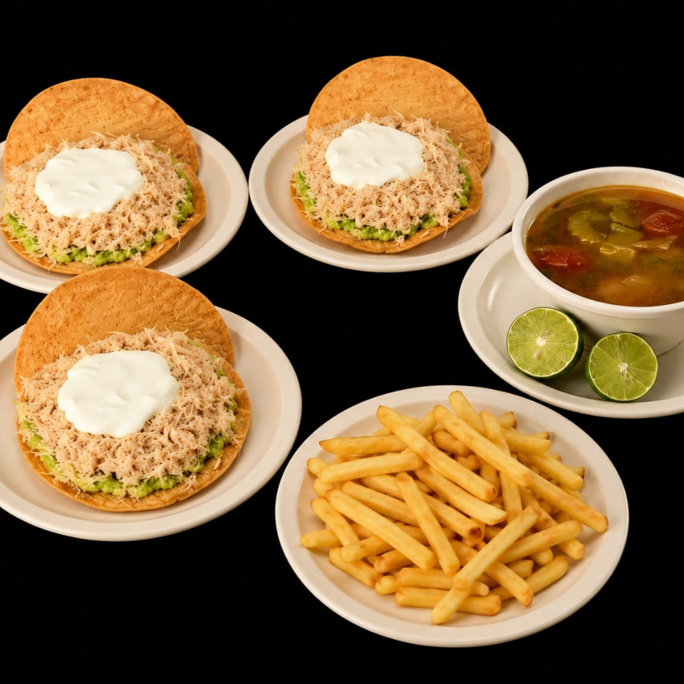 3 Tost. Especiales + 1 Papas Fritas + Consomé Lt