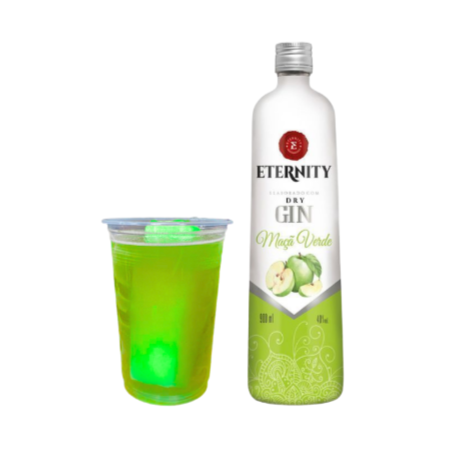 Dose de gin Eternity Sabor Maça Verde, uma Garrafinha de 200ml com Gin, Energético Baly em uma Garrafinha de 300ml e 1 Gelo de Maça Verde