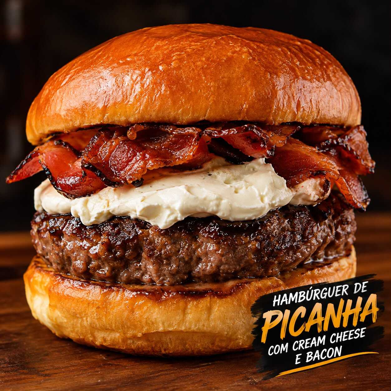Hambúrguer suculento de picanha 120g, com fatias crocantes de bacon e cremoso cream cheese.
