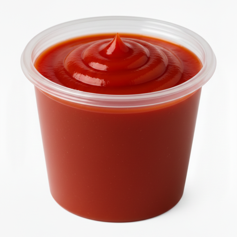 Ketchup cremoso, com sabor equilibrado entre doce e levemente ácido.