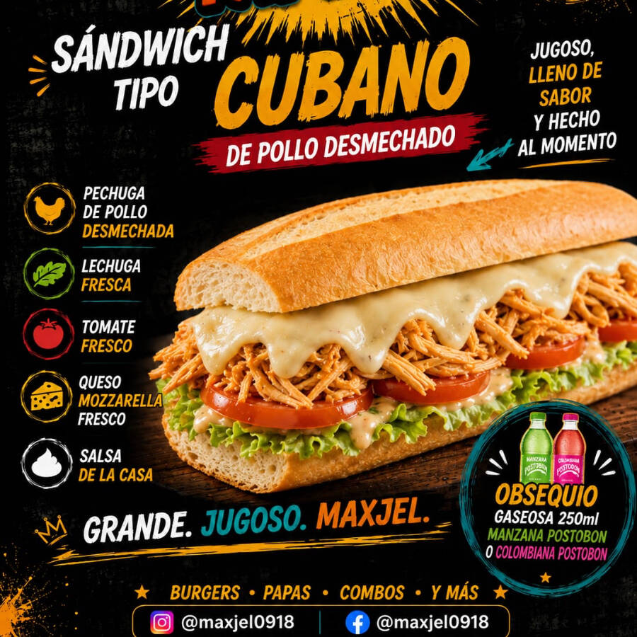 SANDWICH TIPO CUBANO POLLO + GASEOSA 250 ML