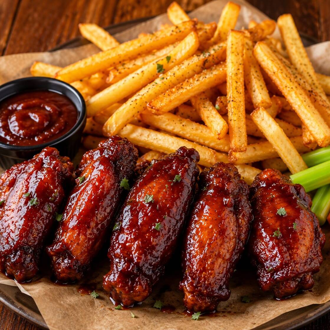 Paquete de 7 Alitas Bbq más papas a la francesa