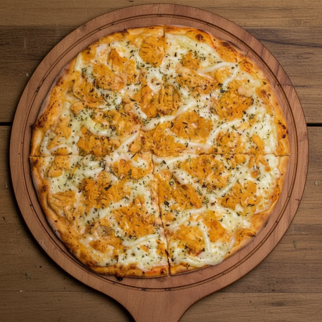 Frango Desfiado Bem Temperado Sobre Muçarela Derretida, Requeijão Cremoso e Azeitonas Verdes, Com Massa Maturada Mais Crocante. Leve, Cremosa e Viciante