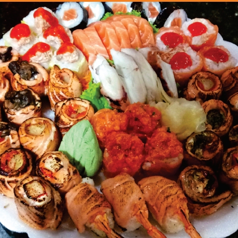 05 Sashimi de Salmão, 05 Sashimi de Agulhão, 05 Filadélfia Light, 04 Dyou de Salmão, 04 Iido Sam, 04 Maçaricado de Camarão, 04 Maçaricado de Brócolis, 04 Maçaricado de Shimeji, 04 Maçaricado de Kani, 05 Acelga Maki, 03 Camarão Imperial, 04 Shake Couve.