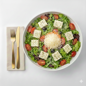 Mix de alfaces com rúcula, ricota temperada, tomate grape, cenoura ralada e parmesão ralado. Clássica, equilibrada e marcante. Harmoniza com molho Caesar.