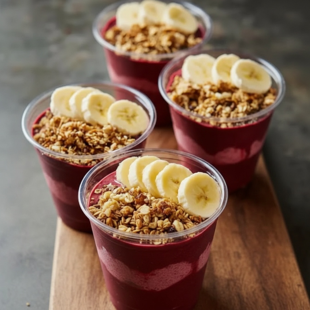 São 4 copos de 500 ML , com 4 adicional { Leite condensado , Banana , Leite em pó e Granola}