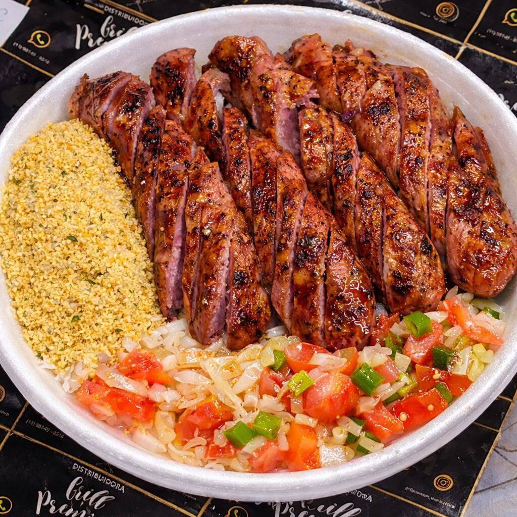 Arroz e Feijão fresquinho, Muita Linguiça de Churrasco assada na Brasa, Farofa e Vinagrete.