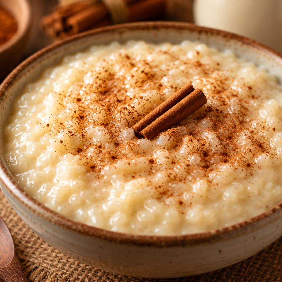 Aquela sobremesa com todo gosto de casa, arroz doce feito com quatro leites.