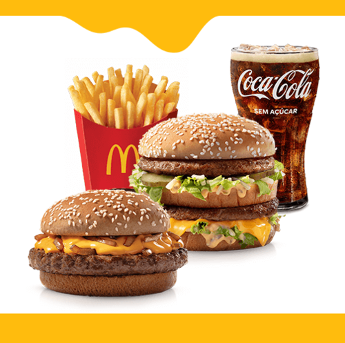 Nesta promoção você leva 2 Sanduíches entre as opções: Big Mac, Cheddar McMelt, Quarterão com Queijo, McChicken, McChicken Bacon, Duplo Burger Bacon ou Duplo Burger com Queijo, 1 (uma) McFritas Média e 1 (uma) bebida.  IMAGEM MERAMENTE ILUSTRATIVA.