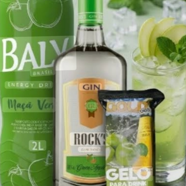 Garrafa de Gin Rocks Maçã verde 1L, Baly 2L, 4 Gelos Sabor Maçã Verde, 4 Copos de 770ml