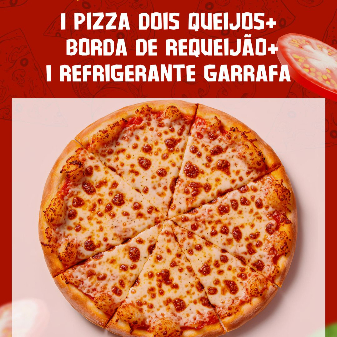 Combo que fome - 1 pizza grande (8 pedaços) sabor Dois Queijos + borda de requeijão + 1
Refrigerante 1,5
(Consulte Disponibilidade)