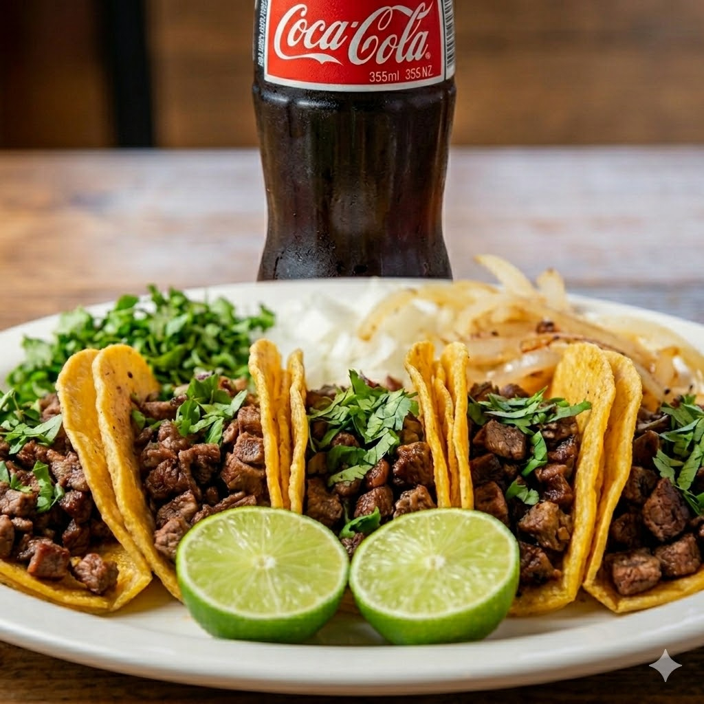 5 Tacos de Arrachera mas Coca Cola de 355ml.