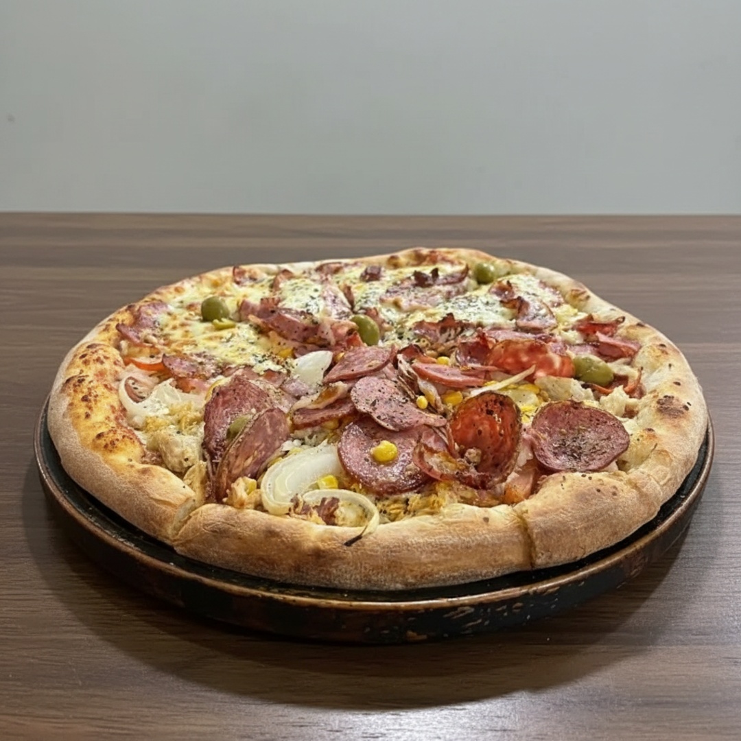 PIZZA Presunto, calabresa, frango, catupiry, mussarela e bacon