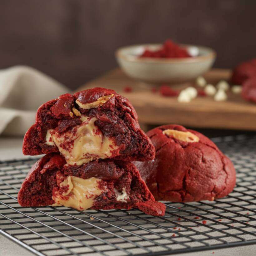 Cookie gigante de 200g!! (+ de 2x maior que os tradicionais) Deliciosa massa red velvet feita com cacau Callebaut e gotas de chocolate branco, recheado com nosso brigadeiro de Ninho! Um dos sabores mais vendidos!