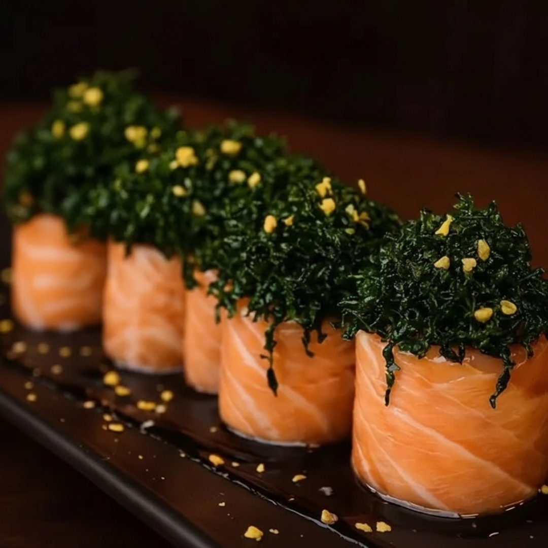 6 Peças - Envolto com lâmina de salmão, bolinho de arroz japonês , cream chesse e crispy de couve.