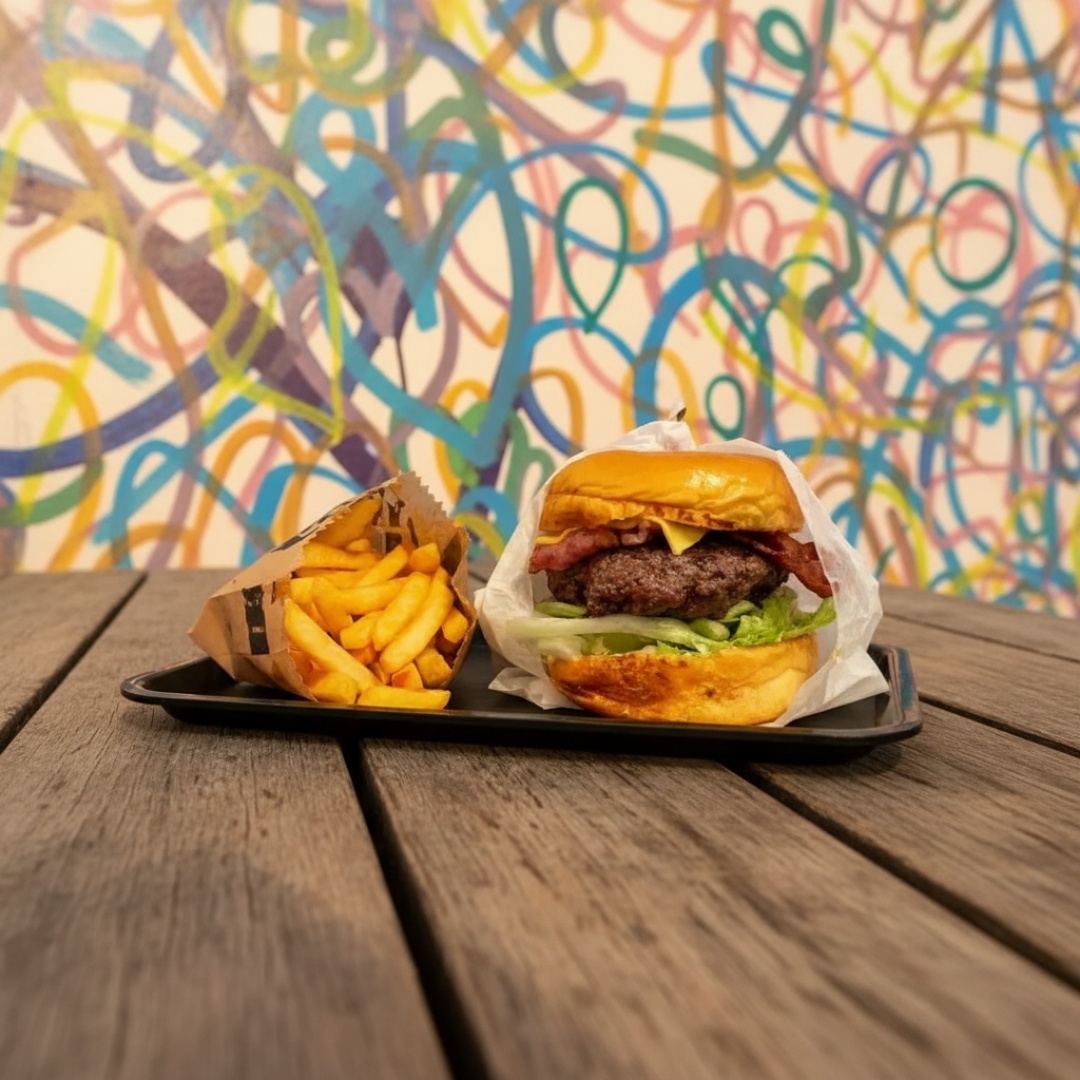 Hambúrguer artesanal de 160g de carne, fatias de Bacon, queijo mussarela derretido, maionese bem gostosa, alface crocante e tomate no pão brioche fresquinho. Acompanha fritas.