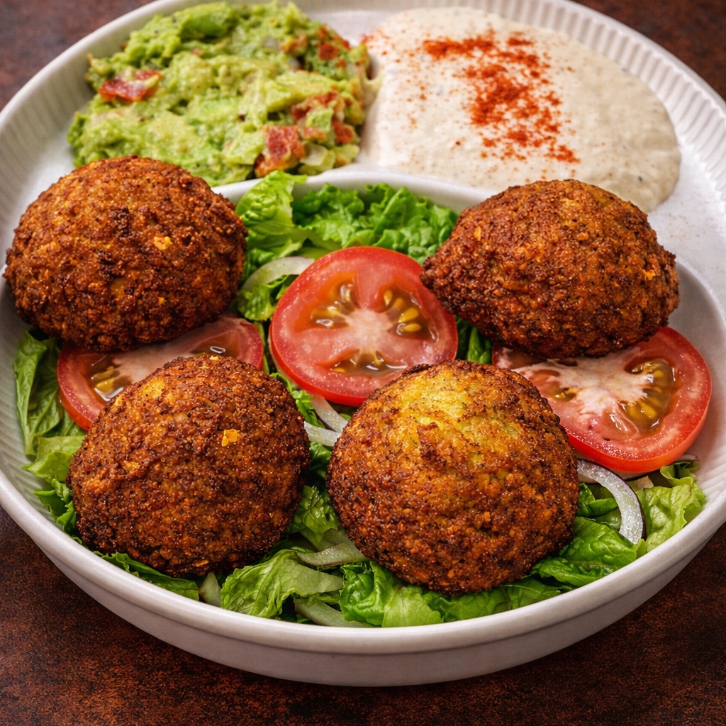 Falafel con hummus, guacamole y ensalada fresca