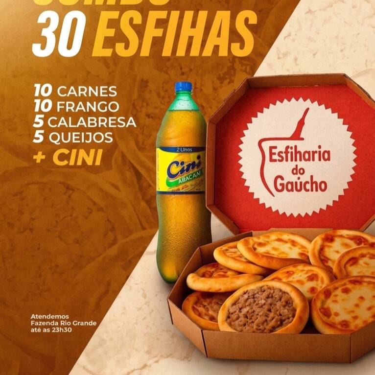 Esfihas da Promoção
10 CARNES
10 FRANGO CATUPIRY
5 CALABRESA COM CATUPIRY
5 2 QUEIJOS
1 cine abacaxi 2 Litros