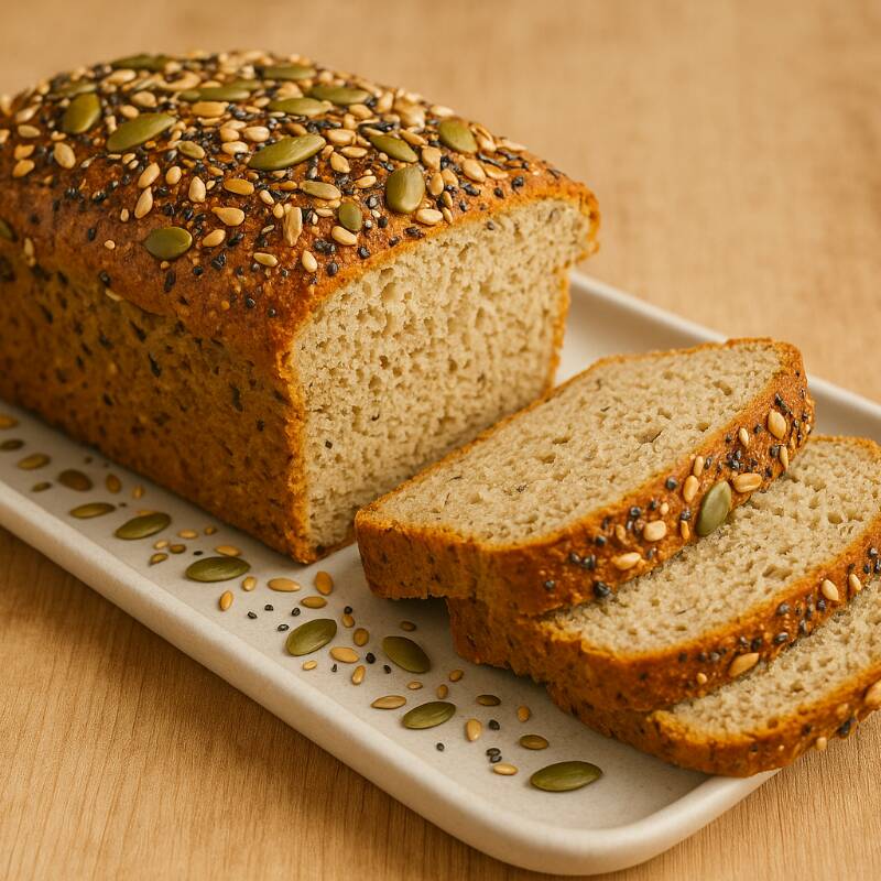 Feito com batata doce e um mix nutritivo de grãos e sementes. Macio, leve e cheio de sabor natural - perfeito para começar o Dia com leveza e cuidado. Saudável, funcional, sem trigo e sem leite.