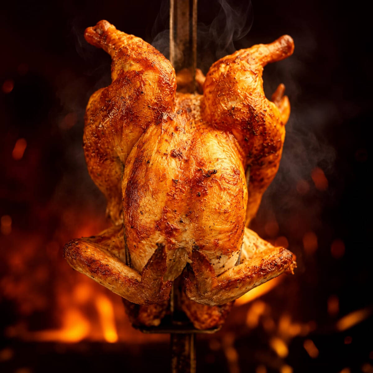 Frango assado aberto nas costas direto na brasa com tempero especial da casa