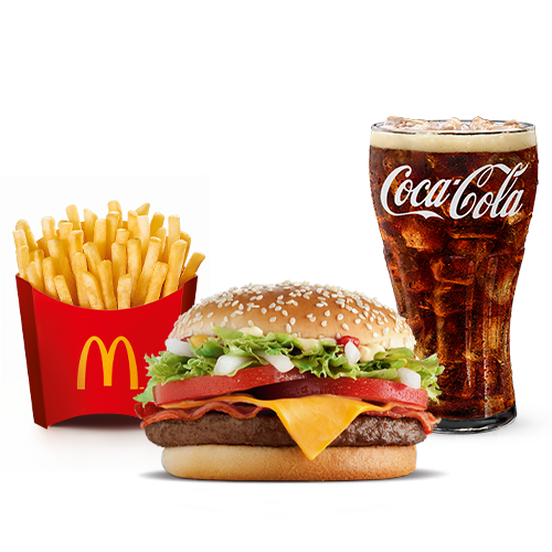 Um hambúrguer (100% carne bovina), bacon, alface americana, cebola, queijo cheddar, tomate, maionese, ketchup, mostarda e pão com gergelim, acompanhamento e bebida.