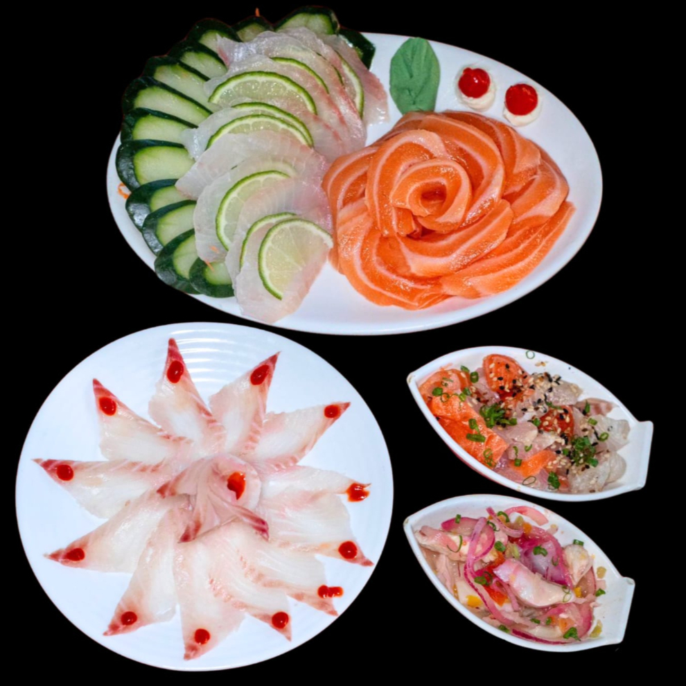 Este item acompanha 1 molho teriyaki/tarê (30ml), 1 molho shoyo (30ml), 1 caldo de limão (23ml) e 2 hashis. 20 sashimis (salmão/tilápia), 15 lâminas de carpáccio, 1 ceviche (100g) e 1 tataki (100g). - Obs: não é possível retirar a cebola do ceviche.