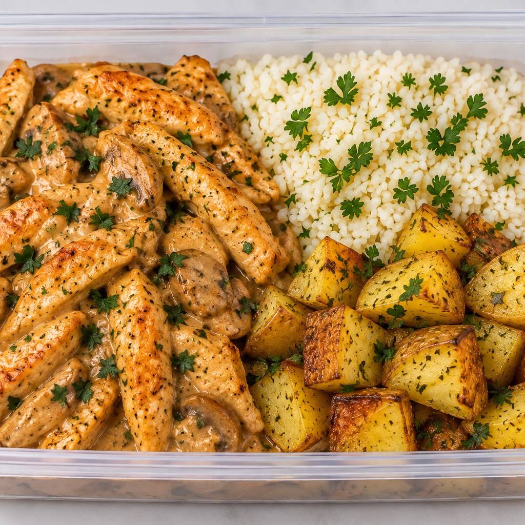 130 g de frango, 120 g de arroz branco cozido, 100 g de batata inglesa assada e 60 g de molho cremoso de strogonoff. Uma versão cremosa e saborosa para deixar sua refeição prática e completa. ≈520 kcal | ≈42 g de proteína.