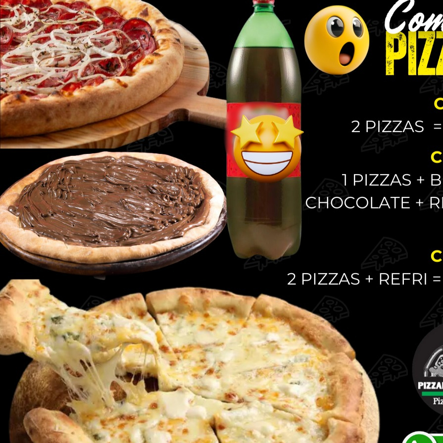 COMBO 3 PIZZAS + REFRI ( 1º MUSSARELA 2º CALABRESA 3º FRANGO CATUPIRY)