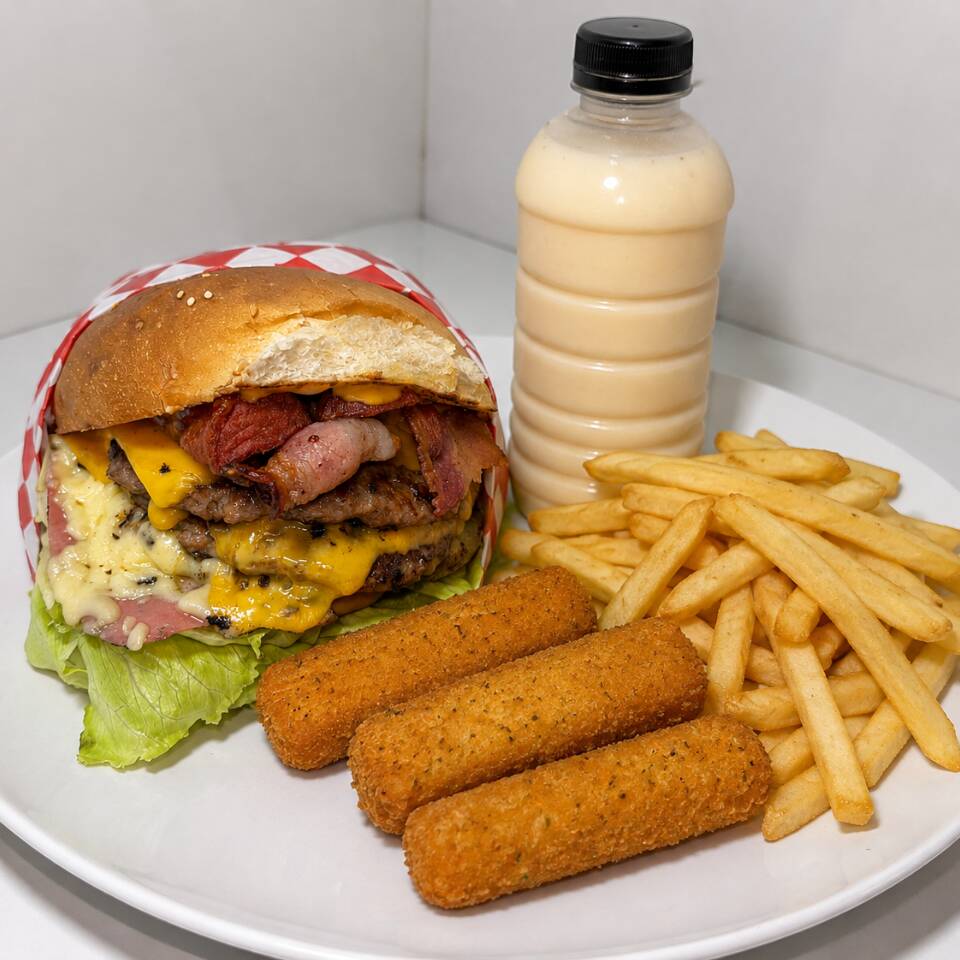 HAMBURGUESA ESPECIAL+3 DEDOS DE QUESO+BEBIDA