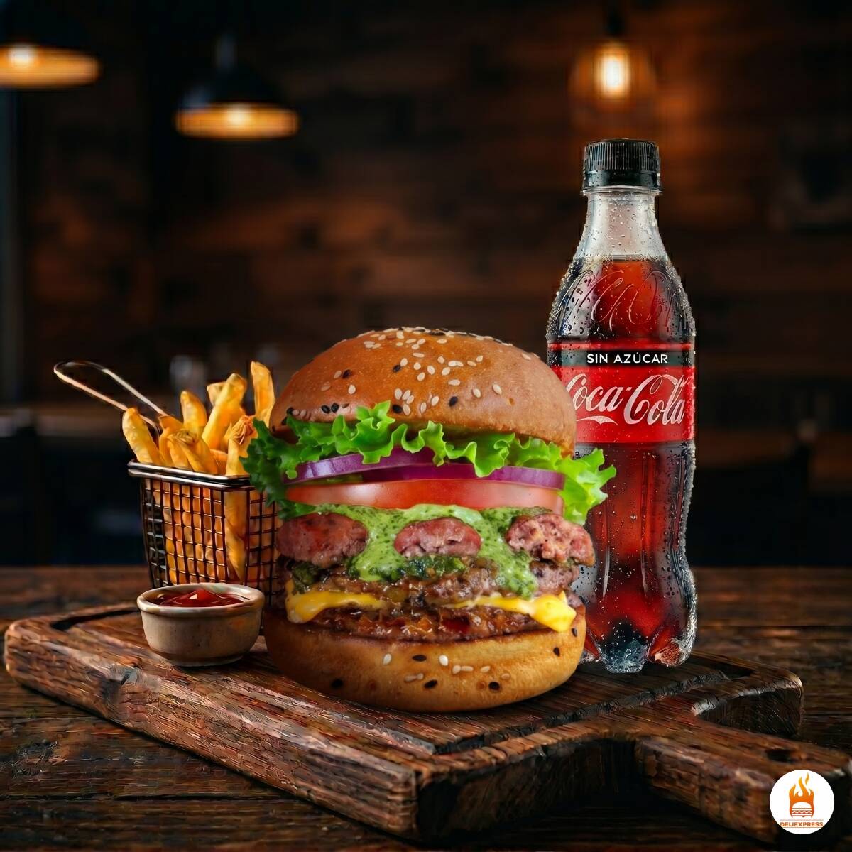 Chimi chori + papas + coca cola