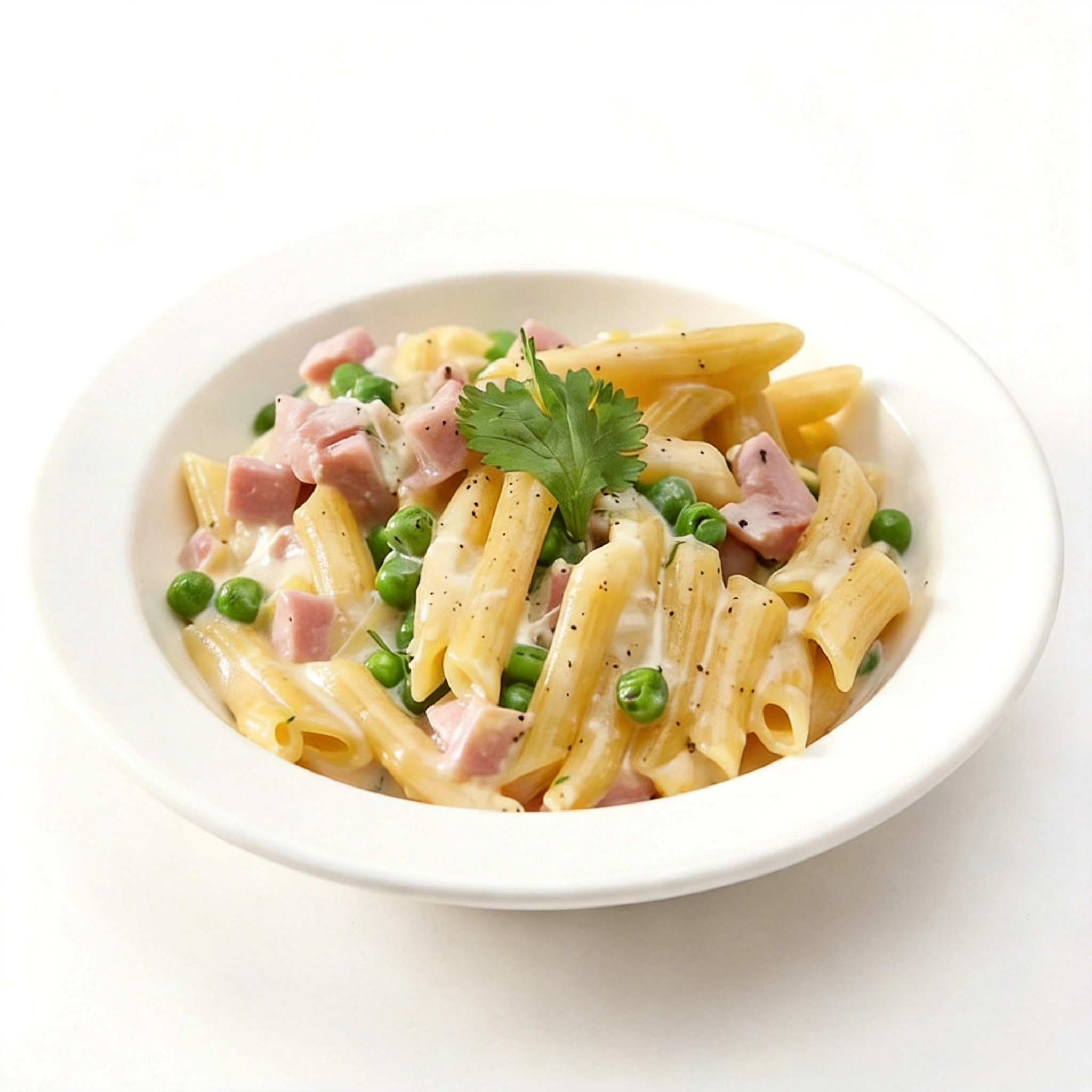 200 gramas de penne, molho branco, presunto, ervilha, mussarela e frango desfiado.
