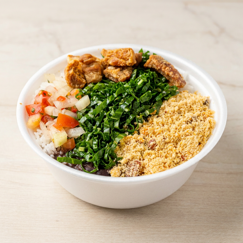 arroz,feijoada,,vinagrete,torresmo e farofa sem couve