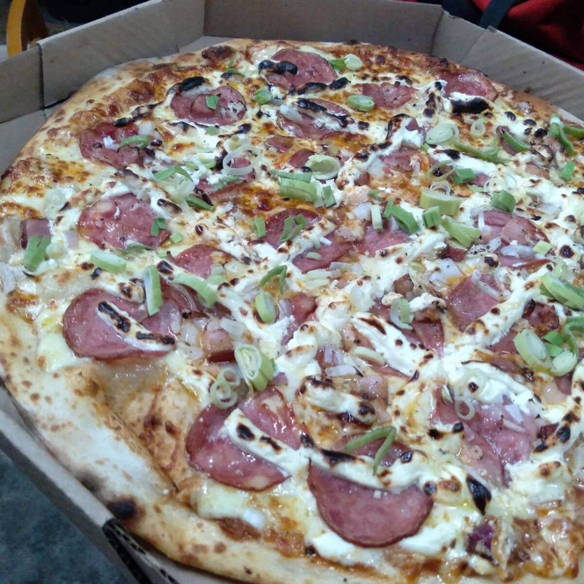 Massa napolitana de longa fermentação, molho de tomate artesanal, muçarela, bacon, calabresa, queijo catupiry, orégano finalizado com alho poró