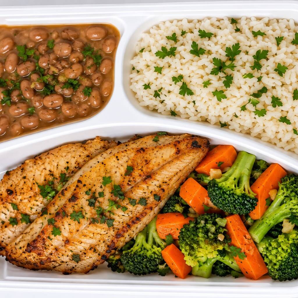 140 g de tilápia grelhada, 130 g de arroz, 80 g de feijão e 100 g de legumes. Uma refeição completa, nutritiva e saborosa para o Dia a Dia. ≈ 490 kcal | ≈ 40 g de proteína.