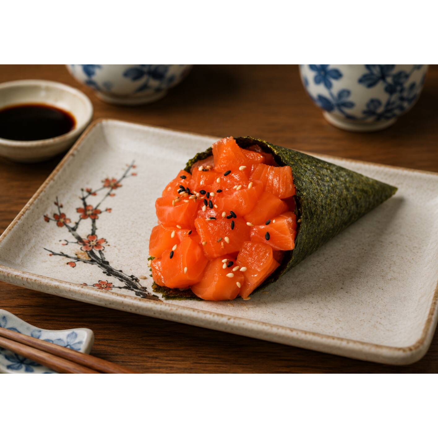 Nori, arroz, Salmão em cubos