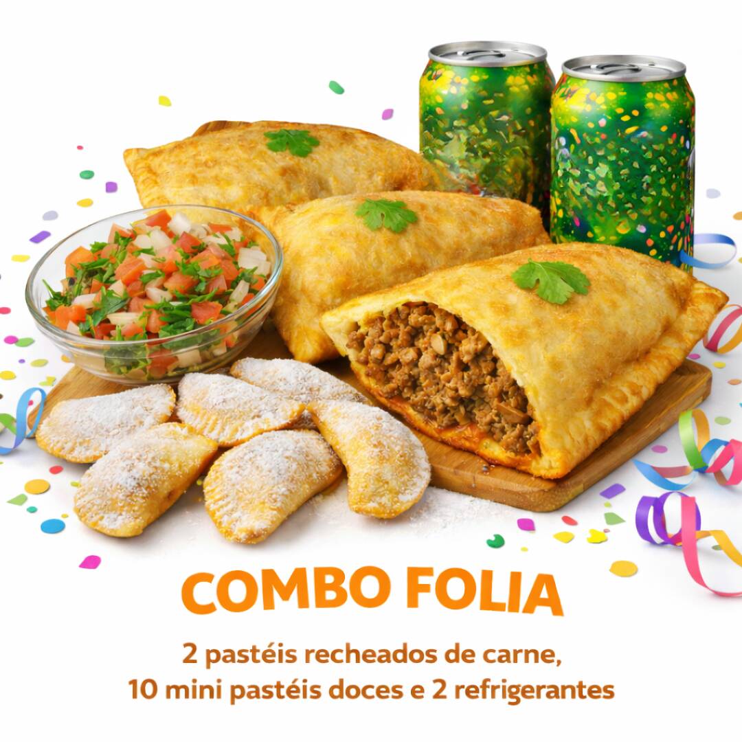 🎉 É sustança pra aguentar a folia! Vem 2 pastéis grandes bem recheados, 10 mini pastéis doces e 2 refri lata (o que tiver geladinho no dia). É comer, sorrir e cair no bloco! 😋🎊