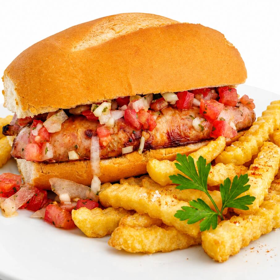 Choripan con papas fritas