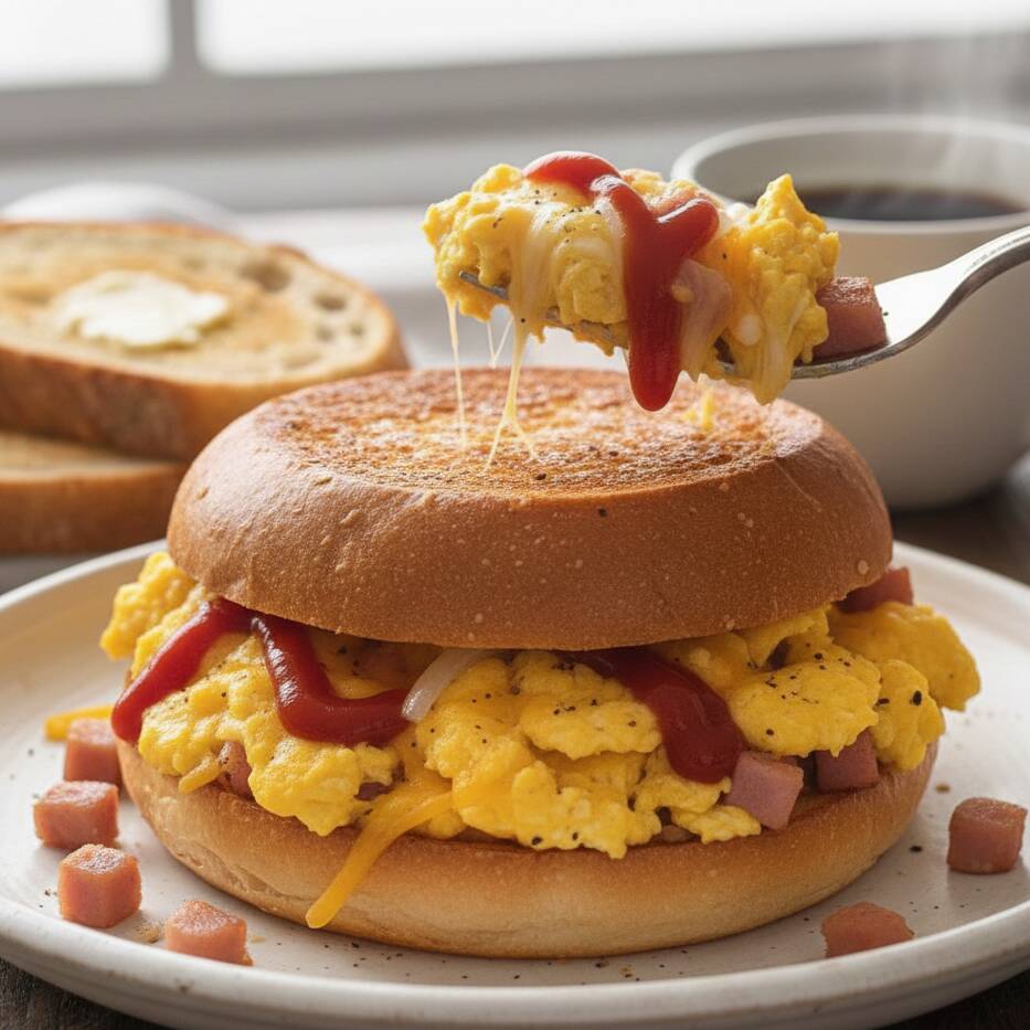 BOLLO CON HUEVOS REVUELTOS CON JAMON, QUESO