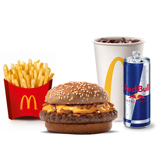 Experimente essa combinação que está irresistível. McOferta Média do Clássico Cheddar McMelt composta por: Sanduíche Cheddar McMelt, acompanhamento e bebida + Red Bull Energy Drink 250ml – a clássica combinação de sabor único e energia para te acompanhar em qualquer momento do dia.
